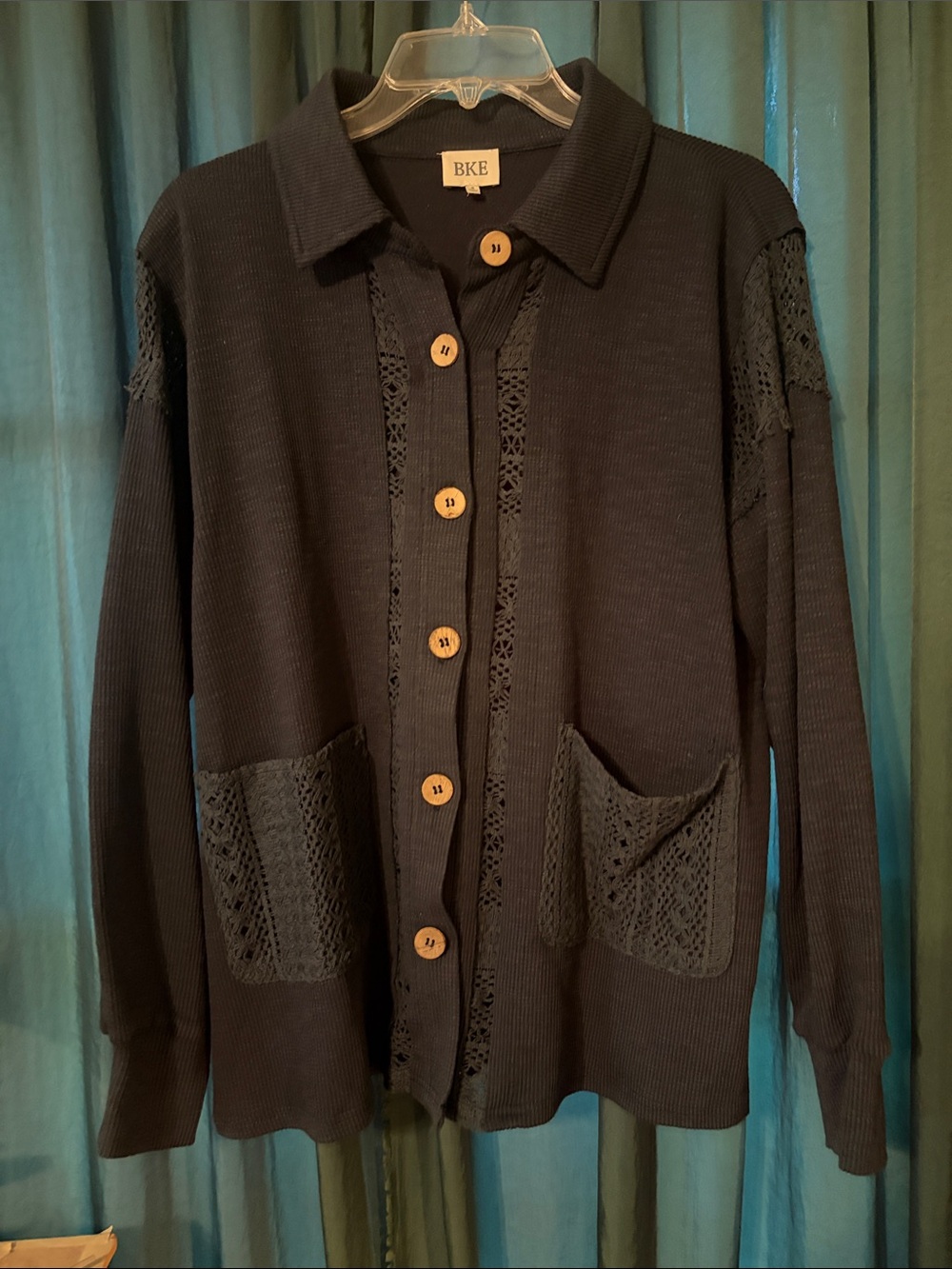 BKE Blue Button-Front Knit Cardigan with Crochet Panels